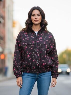 Pam & Gela Black Bomber Jacket with Pink Floral Print
